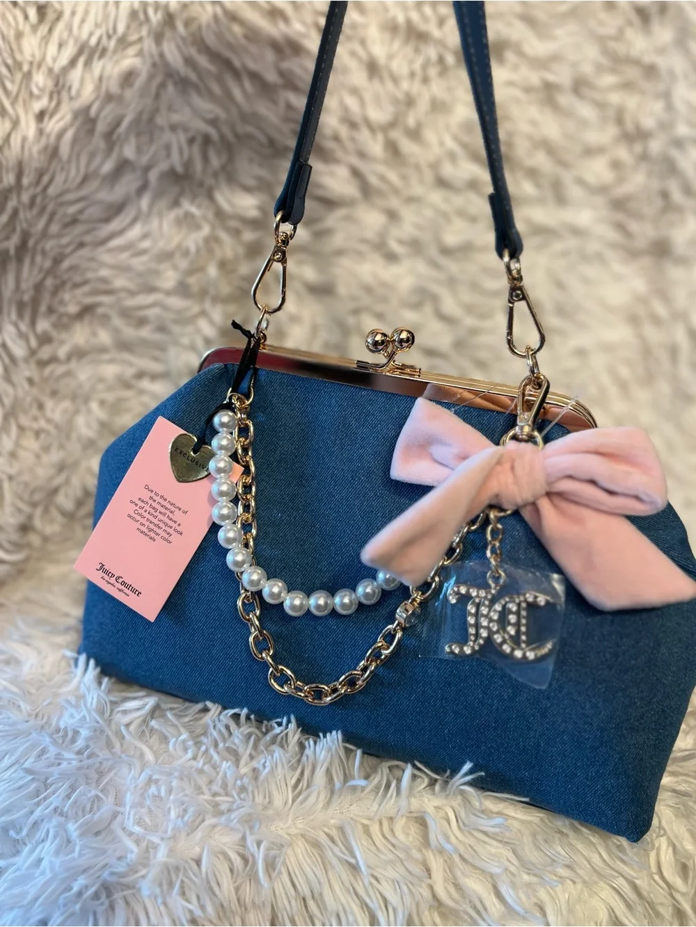 Juicy Couture denim kisslock bag with pink velvet bow & pearl chain charm. NWT - Picture 8 of 11